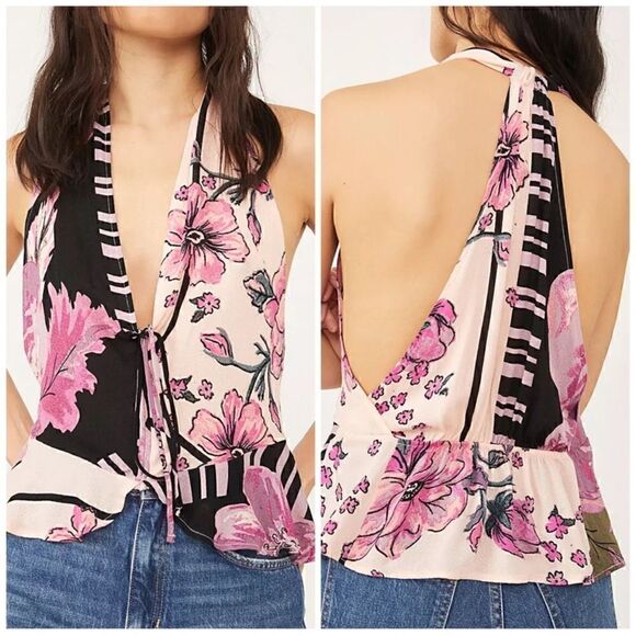 NWT Free People Hot Tropics Halter-Neck Top Dark Combo Drop Armhole XS Viscose - Picture 12 of 12